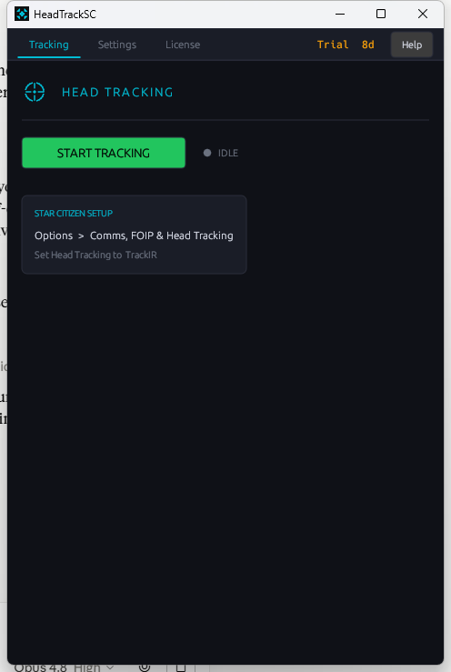 HeadTrackSC main window with one-click Start and in-app Star Citizen setup steps