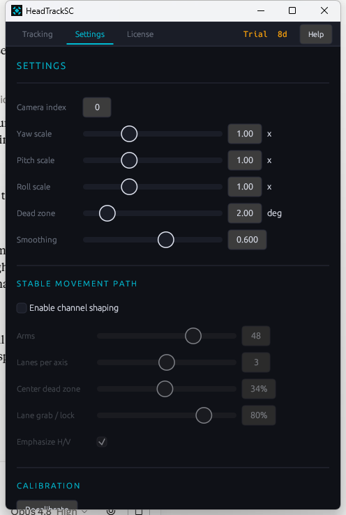 Settings screen for sensitivity, dead zone, smoothing, and channel shaping