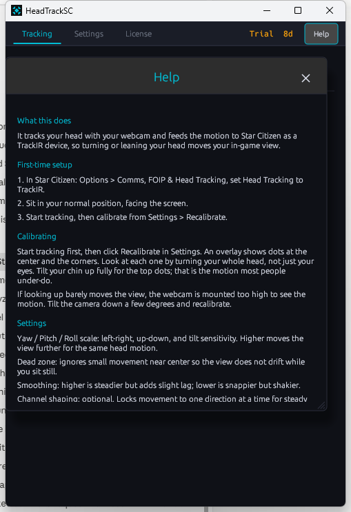 Built-in help covering setup, calibration, and settings