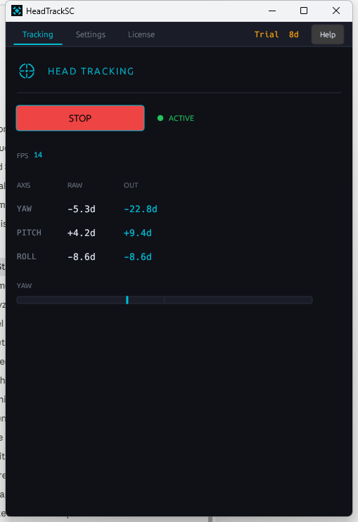 Live head pose readout showing FPS and raw versus output yaw, pitch, and roll