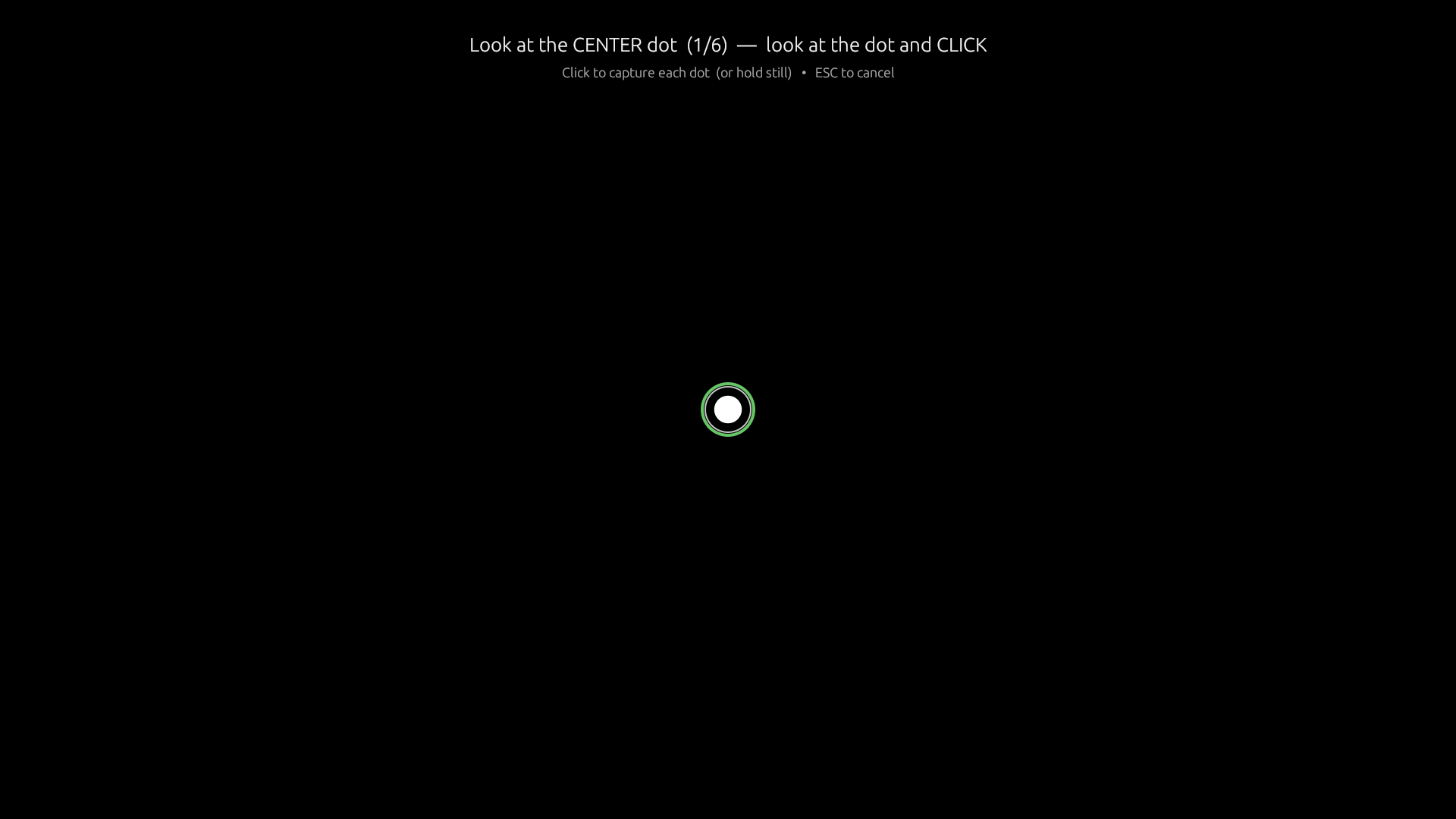 Full-screen calibration overlay with center and corner dots